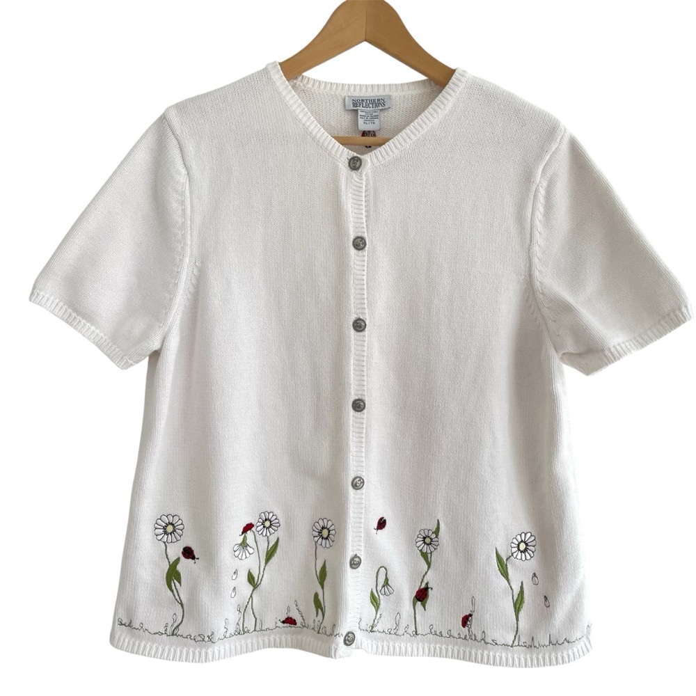 Vintage Daisy Ladybug Cotton Shirt Sleeved Cardigan Sweater Size XL 80s 90s